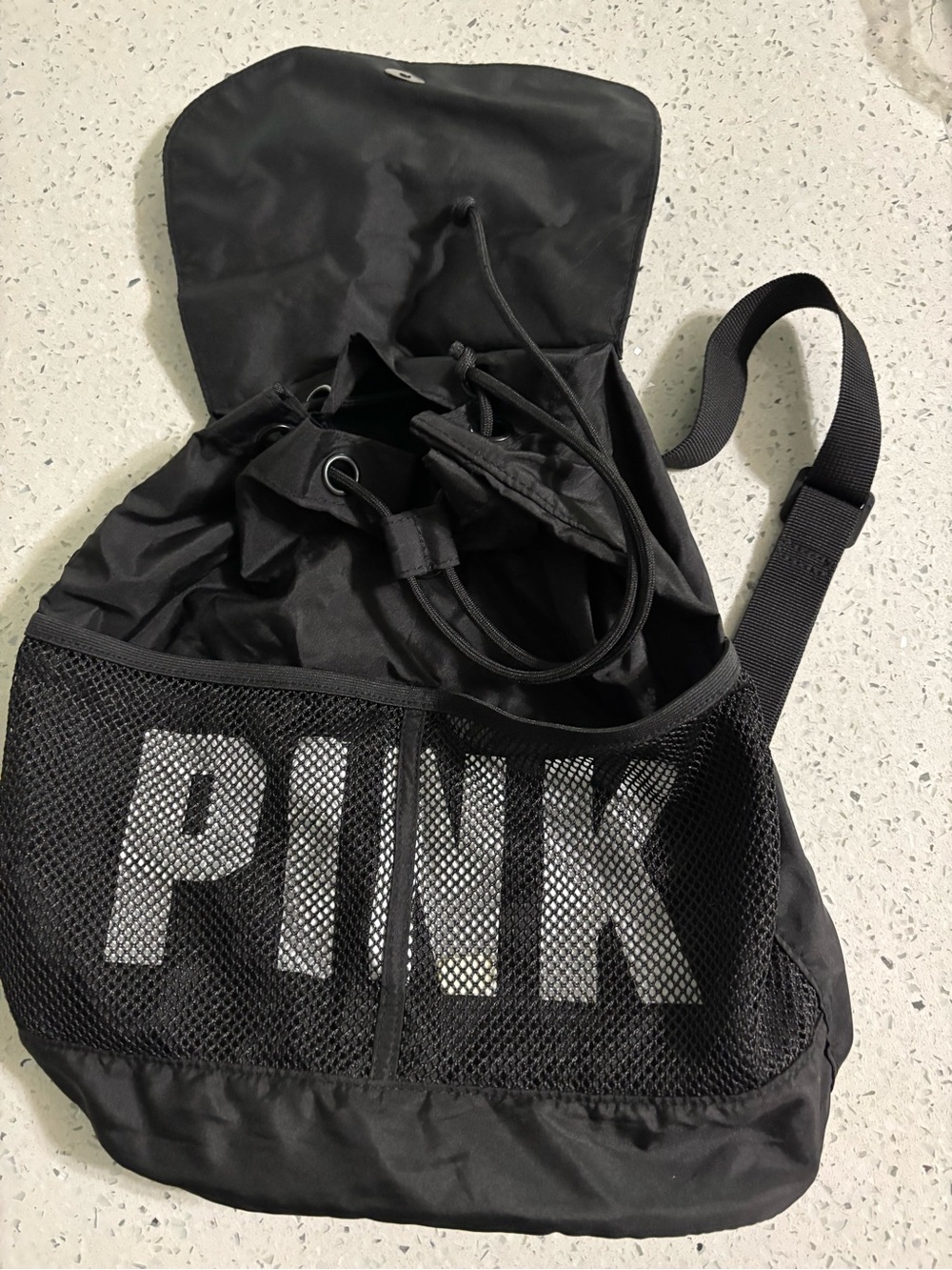 PINK Black Mesh Drawstring Backpack New